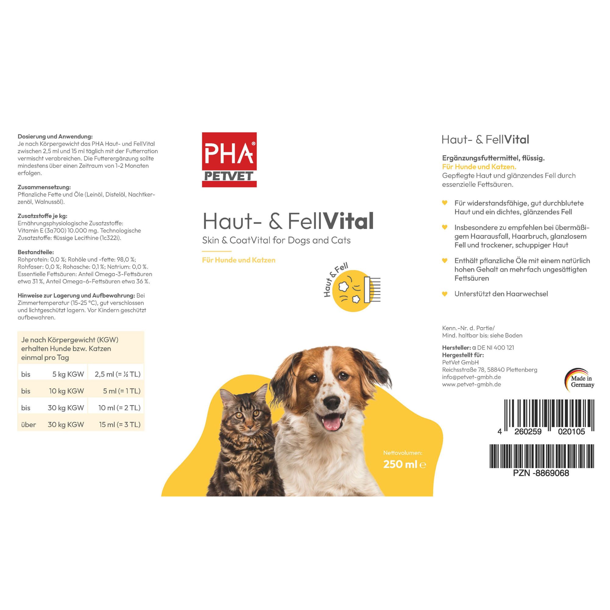 PHA Haut- & FellVital für Hunde u. Katzen 250 ml